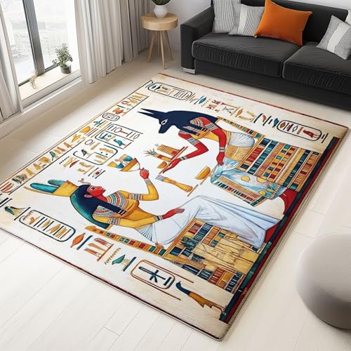 Beige Teppich 180x240 cm rutschfest und waschbar, Traditionell Ägypterin Anubis Druck Teppich für Dekoration Schlafzimmer Kinderzimmer Wohnzimmer Kurzflor Läufer von Generisch