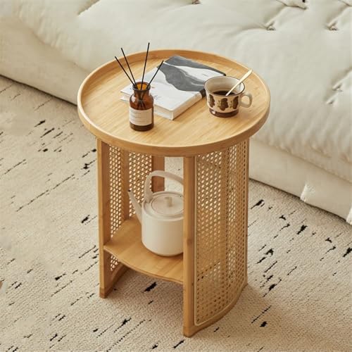 Beistelltisch aus Kunstharz, Rattan, zweilagiger runder Beistelltisch für Wohnzimmer, Schlafzimmer, Balkon, stilvolle Aufbewahrungslösung von Generisch