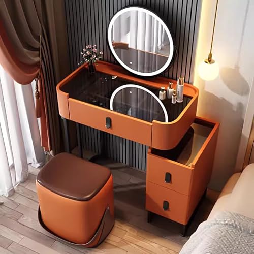 Beleuchteter Schminktisch mit 360° drehbarem Spiegel und LED-Lichtern, Tisch aus gehärtetem Glas mit Aufbewahrung, inklusive Schminkhocker von Generisch