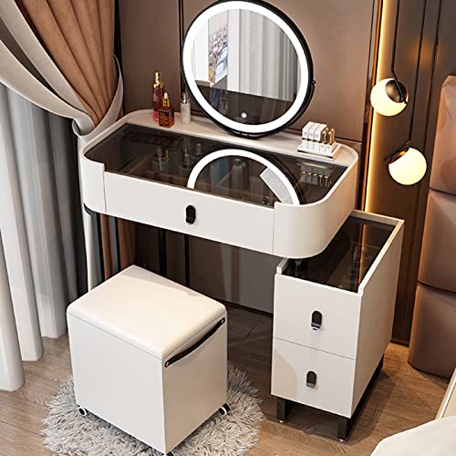 Beleuchteter Schminktisch mit Glasplatte, Aufbewahrungshocker und 3 Schubladen, Schminktisch mit 3 Beleuchtungsmodi, perfekt für kleine Räume Beleuchteter Schminktisch mit Glasplatte, Aufbewahrungshocker und 3 Schubladen, Schminktisch mit 3 Beleuchtungsmodi, perfekt für kleine Räume von Generisch