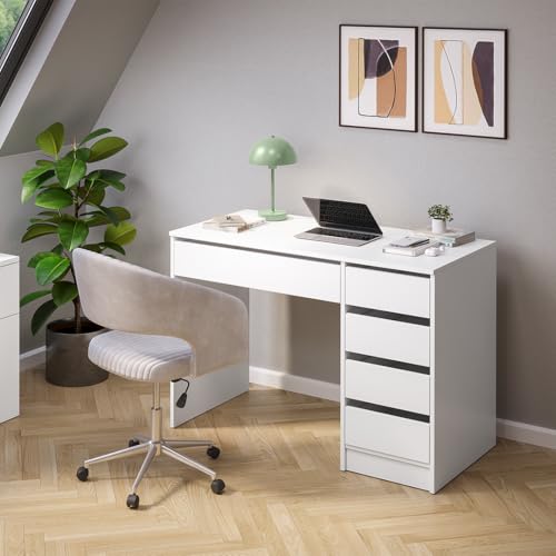 Bellamio Nore Schreibtisch, Laptoptisch in weiß mit 5 Schubladen, Computertisch 75 x 53 x 110 cm, Kinderschreibtisch Jugendschreibtisch mit Schubladen beidseitig montierbar von Bellamio