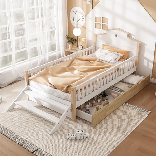 Bett für Jugendliche 90x200 cm, mit Schubladen in Naturfarbe und Leiter, Absturzsicherung mit Geländer, Flachbett mit Lattenrost, Holzbett, weiß + Natur Bett für Jugendliche 90x200 cm, mit Schubladen in Naturfarbe und Leiter, Absturzsicherung mit Geländer, Flachbett mit Lattenrost, Holzbett, weiß + Natur von Generisch