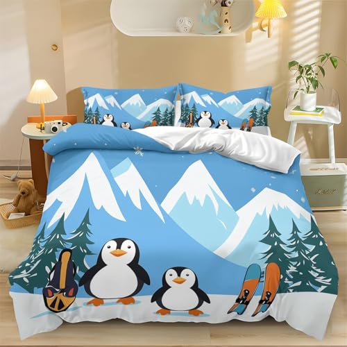 Bettbezug 135 x 200 cm Bettwäsche Cartoon-Pinguin beim Skifahren Muster Bettwäsche Mikrofaser mit Reißverschluss mit Kissenbezug Blau Weiß für Erwachsene Teenager Jungen Mädchen von Generisch