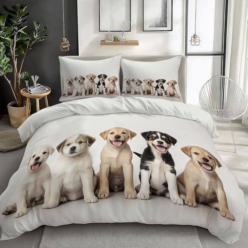 Bettwäsche Set 135 x 200 cm, Weiches Mikrofaser Bettbezug Set mit niedlichem Welpen Tiermotiv Bettwäsche, Weiß Bettbezug für Kinder, Teenager & Erwachsene – Inkl 2 Kissenbezüge von Generisch