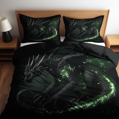 Bettbezug Fantasy Kunst Schwarzer Drache Bedrucktes 3-teiliges Bettwäsche-Set 155 x 200 cm, Bettbezug mit Reissverschluss, für Kinder und Erwachsene Schwarz Bequem und Atmungsaktiv Bettbezüge von Generisch