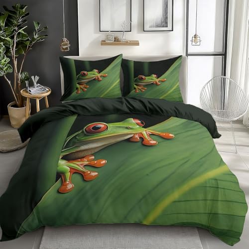 Bettbezug Grünes Blatt Frosch Bambus Bedrucktes Bettwäsche-Set 155 x 200 cm, Bettbezug mit Reissverschluss, für Kinder und Erwachsene Rotäugige Laubfrösche Bequem und Atmungsaktiv Bettbezüge von Generisch