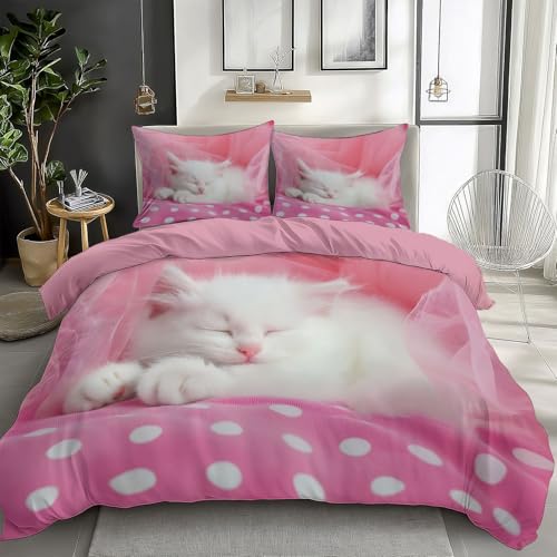 Bettbezug Tierfotografie Katze Punkte Bettwäsche Set 155 x 200 cm, Tier Katze Bettwäsche-Set für Mädchen Junge Kinder, Deluxe Mikrofaser Weiche Bettbezug mit Reißverschluss und Kissenbezüge von Generisch