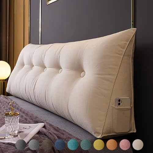 Bettkissen Rückenlehne 150cm Beige, Rückenkissen Bett Keil Kopfteil Kissen, Waschbar Abnehmbar Rückenstützkissen Lendenkissen mit Seitentasche, Bequemes Groß Wandkissen Lesekissen für Bett und Sofa Bettkissen Rückenlehne 150cm Beige, Rückenkissen Bett Keil Kopfteil Kissen, Waschbar Abnehmbar Rückenstützkissen Lendenkissen mit Seitentasche, Bequemes Groß Wandkissen Lesekissen für Bett und Sofa von Generisch