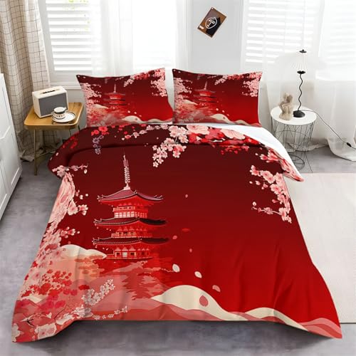 Bettwäsche 135 x 200 cm, Japanischer Gebäudehintergrund Print dreiteiliger Bettwäsche Schwarz und Rot Bettwäsche Set Atmungsaktiver Mikrofaser Bettbezug und Kissenbezug 80x80cm mit Reißverschluss Bettwäsche 135 x 200 cm, Japanischer Gebäudehintergrund Print dreiteiliger Bettwäsche Schwarz und Rot Bettwäsche Set Atmungsaktiver Mikrofaser Bettbezug und Kissenbezug 80x80cm mit Reißverschluss von Generisch
