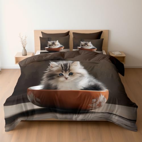 Bettwäsche 135 x 200 cm 2-teilig – Bettwäsche Set Braun mit Bettbezug und 1 Kissenbezügen 80x80 cm, Wendebettwäsche Süße Cartoon-Katze mit Schüssel mit Reißverschluss Bettwäsche 135 x 200 cm 2-teilig – Bettwäsche Set Braun mit Bettbezug und 1 Kissenbezügen 80x80 cm, Wendebettwäsche Süße Cartoon-Katze mit Schüssel mit Reißverschluss von Generisch