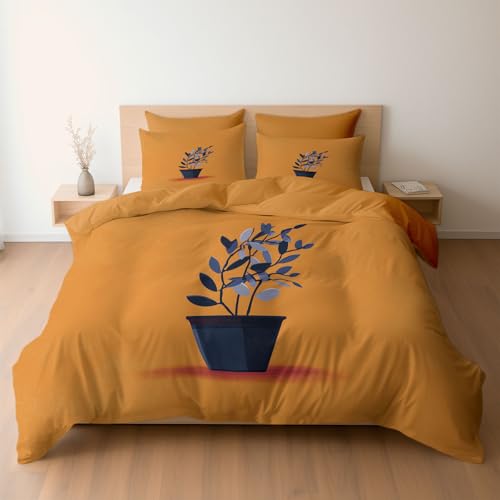 Bettwäsche 135 x 200 cm 2-teilig – Bettwäsche Set Gelb mit Bettbezug und 1 Kissenbezügen 80x80 cm, Wendebettwäsche Minimalistische Linien kleine Pflanze mit Reißverschluss von Generisch