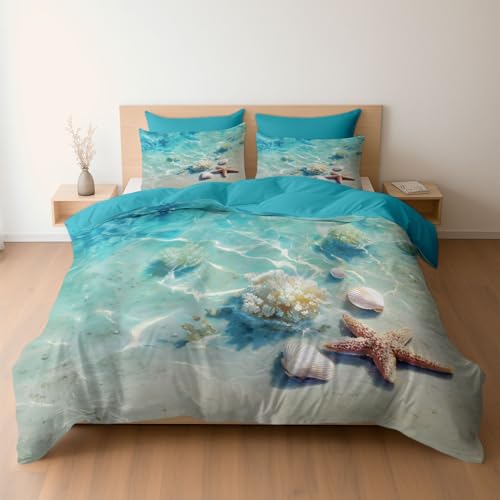 Bettwäsche 135 x 200 cm 2-teilig – Bettwäsche Set Türkis mit Bettbezug und 1 Kissenbezügen 80x80 cm, Wendebettwäsche Strand Korallen Seestern Muscheln mit Reißverschluss von Generisch