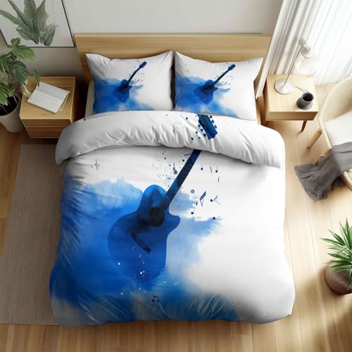 Bettwäsche 135 x 200 cm – 2-teiliges hochwertiges Weiß Wendebettwäsche-Set in Aquarell-Musikgitarre Muster Bettbezug, bügelfrei, weich, mit Reißverschluss, geeignet für Allergiker von Generisch