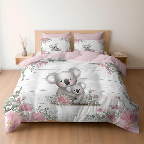 Bettwäsche 135 x 200 cm Mikrofaser Bettbezug, Aquarell Cartoon Koala Blumen Wende-Bettwäsche-Set, Bettbezug und 1 x Kissenbezüge Atmungsaktiv Maschinenwaschbar, Staubiges Rosa von Generisch