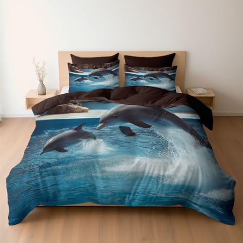 Bettwäsche 135 x 200 cm Mikrofaser Bettbezug, Aquarium Tiere Delfin Show Wende-Bettwäsche-Set, Bettbezug und 1 x Kissenbezüge Atmungsaktiv Maschinenwaschbar, Dunkelbraun von Generisch