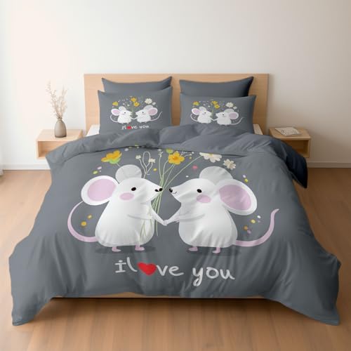 Bettwäsche 135 x 200 cm Mikrofaser Bettbezug, Cartoon Maus Paar Blumen Wende-Bettwäsche-Set, Bettbezug und 1 x Kissenbezüge Atmungsaktiv Maschinenwaschbar, Grau von Generisch