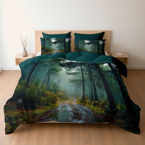 Bettwäsche 135 x 200 cm Mikrofaser Bettbezug, Fantasy Ölbild Waldweg Kiefern Wende-Bettwäsche-Set, Bettbezug und 1 x Kissenbezüge Atmungsaktiv Maschinenwaschbar, Tiefes Türkis von Generisch