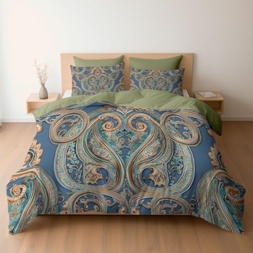Bettwäsche 135 x 200 cm Mikrofaser Bettbezug, Paisley Blumig Wende-Bettwäsche-Set, Bettbezug und 1 x Kissenbezüge Atmungsaktiv Maschinenwaschbar, Moosgrün von Generisch