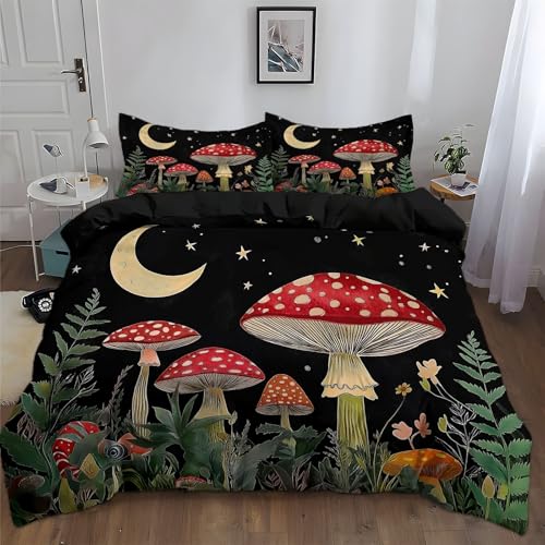 Bettwäsche 135 x 200 cm Muster NuitForêtChampignonsLune Wende Bettwäsche Set Geeignet für Kinder Jugendliche Bettwäsche-Sets Rot Grün Polyester Mikrofaser mit Reißverschluss von Generisch