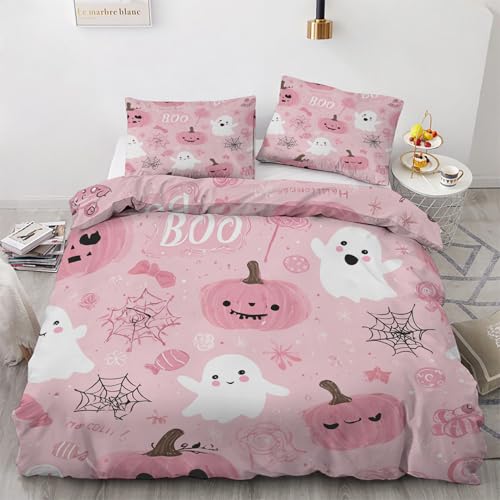 Bettwäsche 135x200 Halloween - Rosa Kürbis Geister Bettbezug 135 x 200 cm 2er Set, Wendebettwäsche und Kissenbezug 80x80 cm, Weiche & Angenehme Mikrofaser Bettwäsche-Sets mit Reißverschluss von Generisch