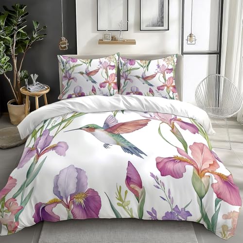 Bettwäsche 155 x 200 cm Aquarell Pflanze Iris Blumen und Vögel Bettbezug, Pflanzenblumen Bettwäsche-Sets 3 teilig, Weich & Bügelfrei Wendebettwäsche und 2 Kissenbezug 80 x 80 cm für Allergiker von Generisch