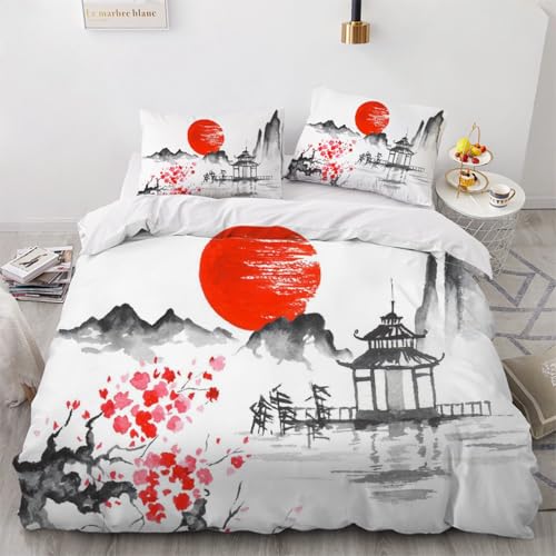 Bettwäsche 200x200 Japan 3D Mikrofaser Bettbezug Kinder Erwachsene Kirschblüten Sonne Bettwäsche-Sets mit 2 Kissenbezüge 80x80 Betten Set mit Reißverschluss w335 von Generisch