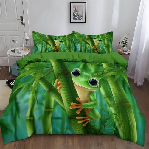 Bettwäsche-Set, Bettbezug 135 x 200 cm mit 1 Kissenbezügen 80 x 80 cm, einzigartige Mode, 3D, geometrisch, Bedruckt, Cartoon Thema Frosch BambusMikrofaser, Bettwäsche, Grün von Generisch