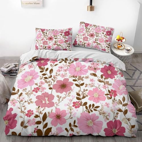 Bettwäsche-Set, rustikaler Stil, roter Blumendruck, Bettbezug (1 Bettbezug + 2 Kissenbezüge), Schlafzimmer-Dekor-Set (04, 135 x 200 cm + 50 x 75 cm x 2) von Generisch