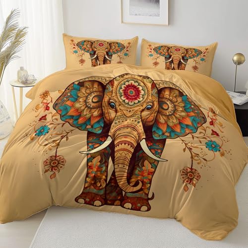 Bettwäsche-Set 135 x 200 cm 3 Teilig,Mit Reißverschluss Kissen-Bezug Bett-Garnitur,Cartoon Indische Tradition Tier ElefantThema Muster Bedruckt Bettbezug - Gelb Mikrofaser Bettwäsche Set von Generisch