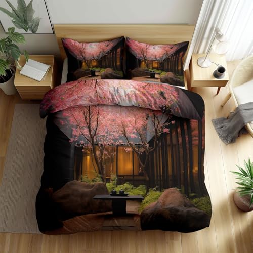 Bettwäsche Set 135 x 200 cm Japanischer Garten Teeservice Kirschblüten Reversibler Bettbezug Sets, Grau Weich Atmungsaktiv Bettbezüge mit Reißverschluss und Kissenbezug 80 x 80 cm von Generisch