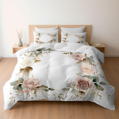 Bettwäsche Set 135 x 200 cm mit Kissenbezügen 1 x 80 x 80 Aquarell Blumen Rosen Blätter Design, Mikrofaser Bettbezüge mit Reißverschluss, Weich und Bügelfrei, Weiß von Generisch