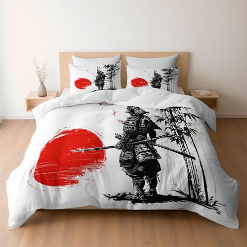 Bettwäsche Set 135 x 200 cm mit Kissenbezügen 1 x 80 x 80 Aquarell Samurai rotes Sonne Bambus Design, Mikrofaser Bettbezüge mit Reißverschluss, Weich und Bügelfrei, Weiß Bettwäsche Set 135 x 200 cm mit Kissenbezügen 1 x 80 x 80 Aquarell Samurai rotes Sonne Bambus Design, Mikrofaser Bettbezüge mit Reißverschluss, Weich und Bügelfrei, Weiß von Generisch