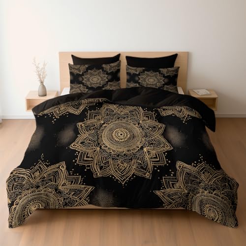 Bettwäsche Set 135 x 200 cm mit Kissenbezügen 1 x 80 x 80 Elegante luxuriöse Mandala Kunst Design, Mikrofaser Bettbezüge mit Reißverschluss, Weich und Bügelfrei, Espresso von Generisch