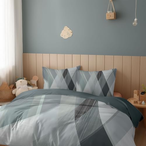 Bettwäsche-Set 155 x 200 cm 3teilig, Schiefergrau Bettwaren-Sets Geometrische Streifenstickerei mit Dreieck Bettbezug, Weich Microfaser Bettbezug mit Reißverschluss und 2 Kissenbezug 80x80cm von Generisch