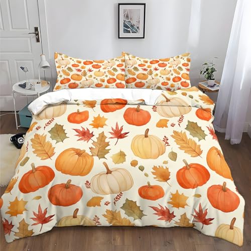 Bettwäsche Set Aquarellkürbis Herbstblätter Mikrofaser Bettbezug Sets, Hellgelb Weich Atmungsaktiv Bettbezüge 135 x 200 cm mit 2 Kissenbezug 80 x 80 cm, für alle Jahreszeiten von Generisch