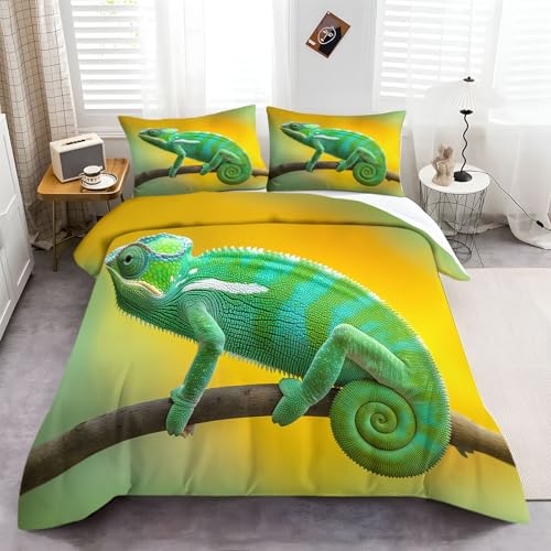 Bettwäsche Set Tierisches Chamäleon, Grün Mikrofaser super weich Qualität Bettwäsche Set 135 x 200 cm mit Reißverschluss Bettbezug und 2 Kissenbezug 80x80cm von Generisch