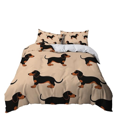Bettwäsche 3teilig Bettbezug, Cartoon Tier Malerei Dackel Bettbezug 200x220 cm Mikrofaser mit Kopfkissenbezug mit Reißverschluss 80x80cm*2 Beige von Generisch