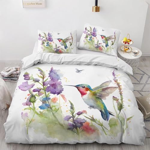 Bettwäsche-Set mit violettem Kolibri, weicher Mikrofaser, Bettbezug 135 x 200 cm, inklusive 2 Kissenbezügen 50 x 75 cm, Reißverschluss, Einzelgröße von Generisch