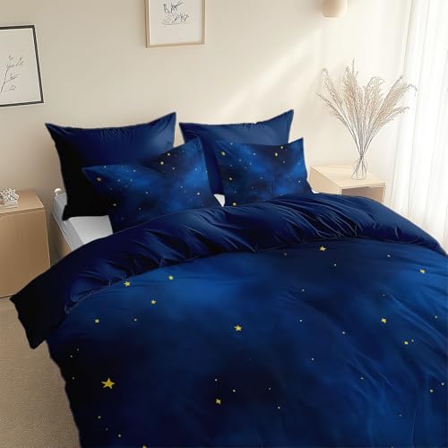 Bettwäsche-Sets Cartoon Aquarell Sterne Muster Bettwäsche 155 x 200 cm Bettbezug, Weiche Atmungsaktiv Allergiker Marineblau Bettbezug mit Reißverschluss für Kinder Teenager Erwachsene von Generisch