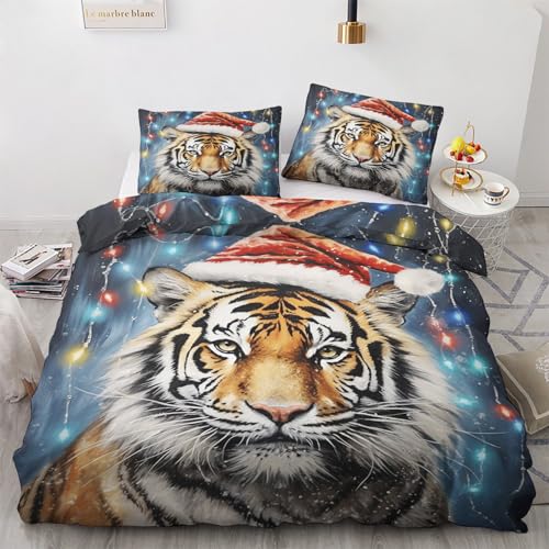 Bettwäsche Tiger 155x220 Winter - Bettbezug Weihnachten, Bettwäsche-Sets 2 teilig, Weich & Atmungsaktiv Mikrofaser Wendebettwäsche und 1 Kissenbezug 80x80 mit Reißverschlus H-&2-141 von Generisch