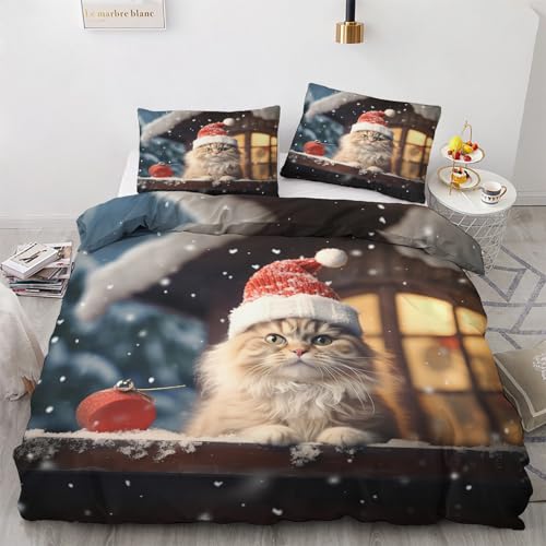 Bettwäsche Weihnachten 135x200 Winter - Bettbezug Katzen, Bettwäsche-Sets 2 teilig, Weich & Atmungsaktiv Mikrofaser Wendebettwäsche und 1 Kissenbezug 80x80 mit Reißverschlus H-6&-272 von Generisch