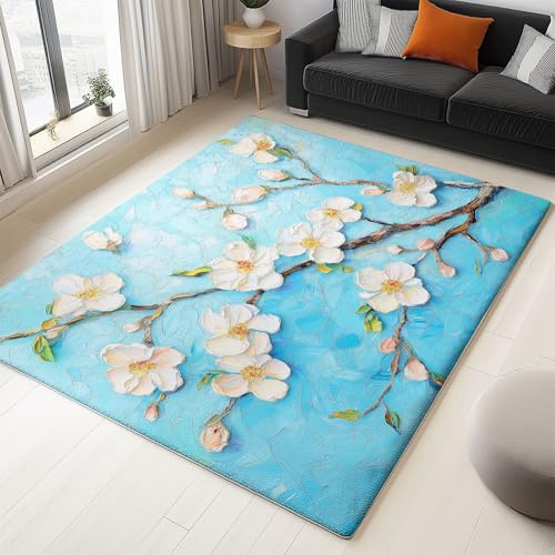 Blau Großer Teppich Kurzer Flor Maschinen Waschbar Läufer, Indoor Rutschfester Pflanzen Und Blumen Im Ölgemäldestil Teppich, Langlebig Und Pflegeleicht Für Schlafzimmer Wohnzimmer Eingang 160 X 230 Cm von Generisch