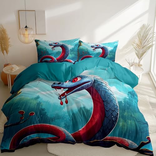 Blau Mädchen Bettwäsche 135 x 200 cm, Cartoon Tier Schlange Thema Weich Mikrofaser Kinder Bettbezug mit 2 Kissenbezug - Farbecht Wende Junge Bettwäsche Set mit Reißverschluss von Generisch