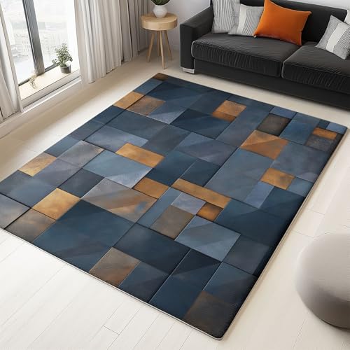 Blau Teppich Wohnzimmer, Kurzflor Waschbarer Teppich, Super Weich rutschfest Matte Surreal Fliesen Geometrisch, Strapazierfähig und Nicht Fusselnd für Schlafzimmer Esszimmer, 140 x 200 cm von Generisch