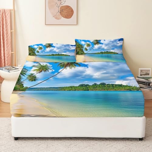 Blau Und Gelb Spannbettlaken-Set Natürlicher Tropischer Strand Motiv, 140 x 200 cm Gebürstete Mikrofaser Spannbetttuch mit Gummiband, 30 cm Tiefe Taschen Matratzenschoner von Generisch