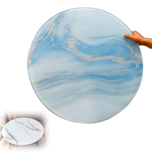 Blaue, runde Tischplatte aus gehärtetem Glas, 80 cm, flache Platte aus gehärtetem Glas mit Marmoräderung für robusten Glas-Esstisch, langlebig, klare Oberfläche von Generisch