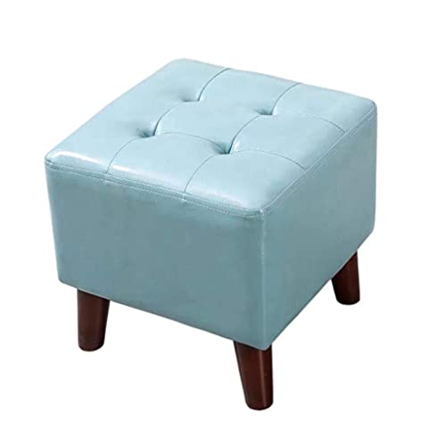 Blaue Leder-Fußstütze, Ottomane, quadratischer Fußhocker mit Massivholzbeinen, stilvoller Wohnzimmerhocker, bequeme Sofa-Fußstütze, mittlere Größe, vielseitige Heimdekoration von Generisch