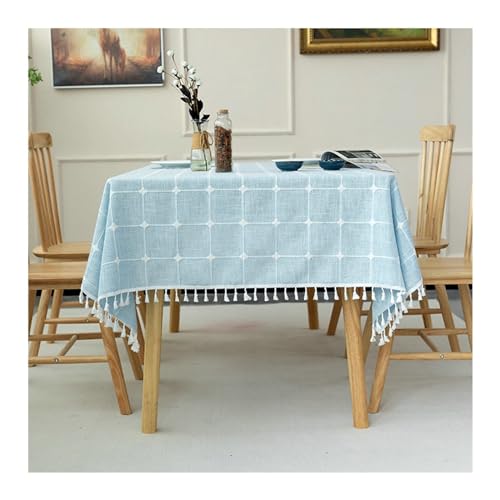 Blaue karierte rechteckige Tischdecke, 140 x 260 cm, waschbar, Polyester, mit Quasten, perfekt für Küche, Esszimmer und Picknicks, stilvolle Tischdecke von Generisch