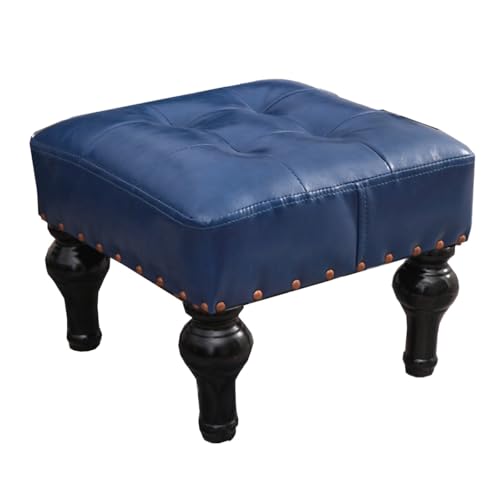 Blauer Leder-Pouf Ottomane – gepolsterte Fußstütze für Sofa, kleiner stapelbarer Hocker mit Holzbeinen für Wohnzimmer, Schlafzimmer & Eingangsdekoration von Generisch