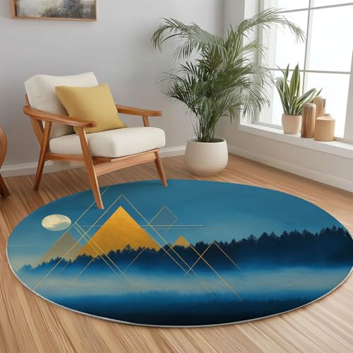 Blaugrün Runder Teppiche Wohnzimmer 180 cm, Living Room Waschbare Runde Teppiche Abstraktes Geometrisches Waldmuster Kurzflor-Carpet mit Rutschfester Rückseite, für Wohnzimmer Esszimmer Büro von Generisch